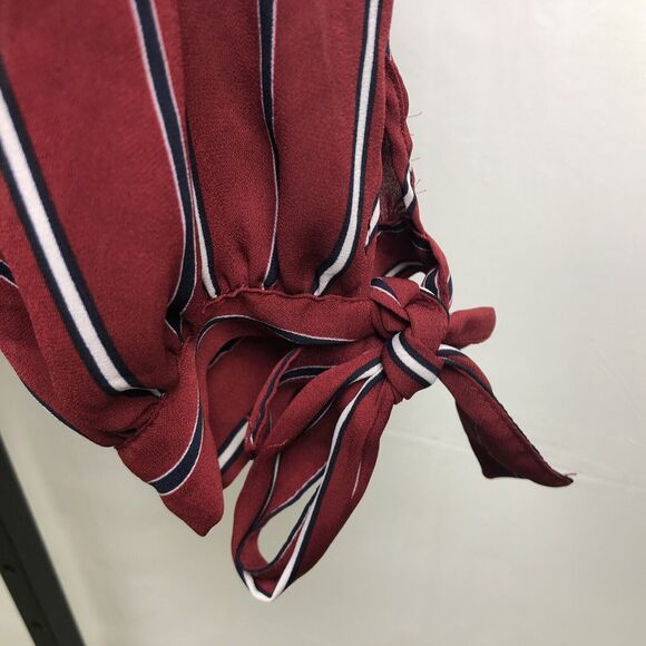 Haute Monde Button Up Blouse Women 2XL Maroon Stripe Semi Sheer Tie Waist & Cuff - Picture 3 of 12